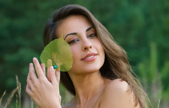 Girl, face, smile, hair, leaf, beauty