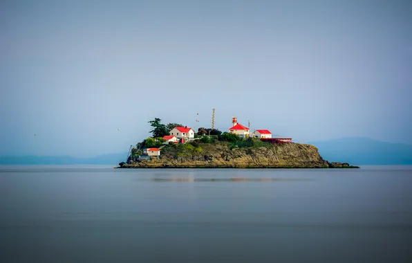 The sky, mountains, lake, rocks, island, home