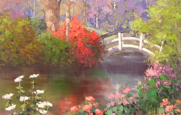 Trees, landscape, flowers, bridge, Park, river, the bushes