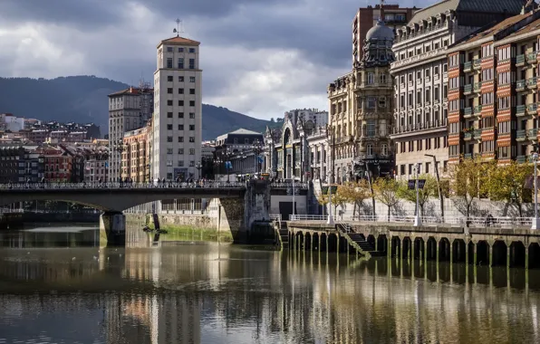 Bridge, river, home, Spain, Bilbao