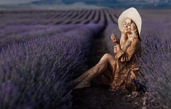 Field, summer, girl, light, flowers, feet, hat, hands
