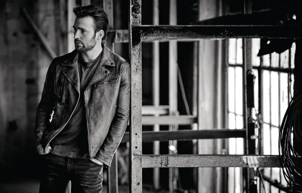 Picture photo, jeans, jacket, actor, black and white, Chris Evans, Chris Evans, InStyle