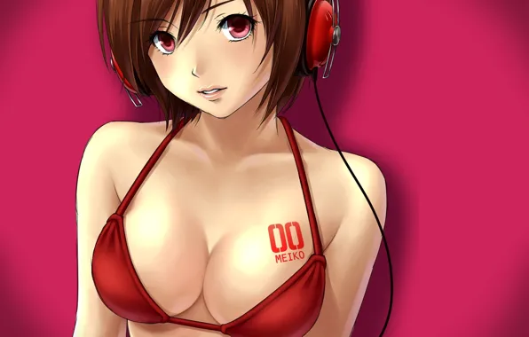 Swimsuit, girl, figure, headphones, vocaloid, pink background, meiko