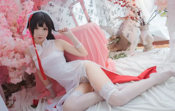 Sexy, pose, gesture, beautiful girl, cosplay, flowers in a vase, seductive pose, white stockings