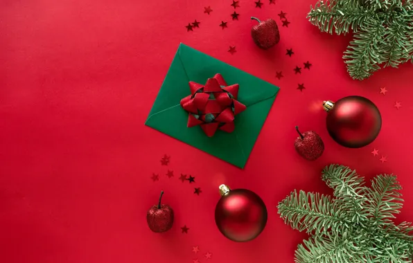 Winter, balls, branches, green, holiday, balls, Christmas, red