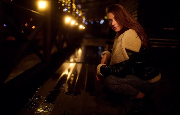 Look, girl, lights, pose, jacket, night city, long hair, Sergey Bogatkov