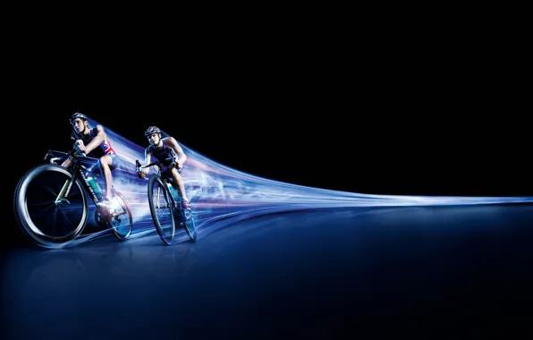 Picture movement, race, trail, speed, track, black background, cyclists, men