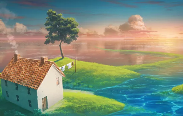 Water, house, tree, island, Paradise