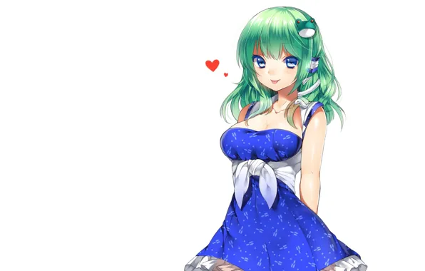 Picture smile, white background, green hair, touhou, barrette, art, blue dress, Kochi Have Done The Art