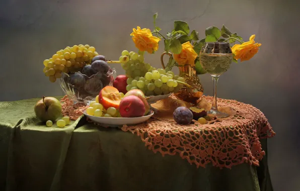 Summer, wine, roses, August, fruit, still life, nectarines, plum. grapes