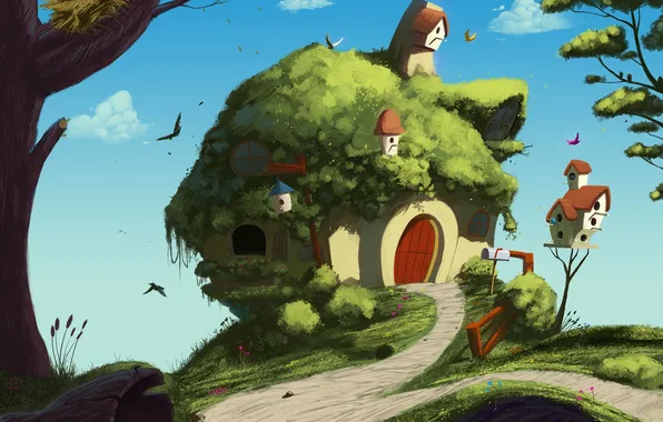 Trees, birds, house, art, track, house, birdhouses