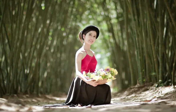 Girl, flowers, background