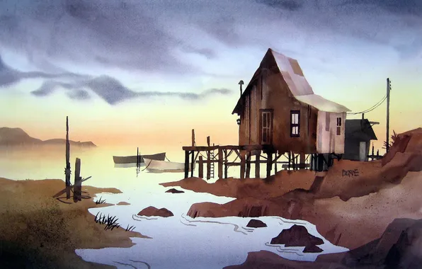 Picture sea, house, watercolor