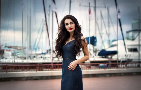 Look, girl, clouds, pose, ship, ships, dress, brunette