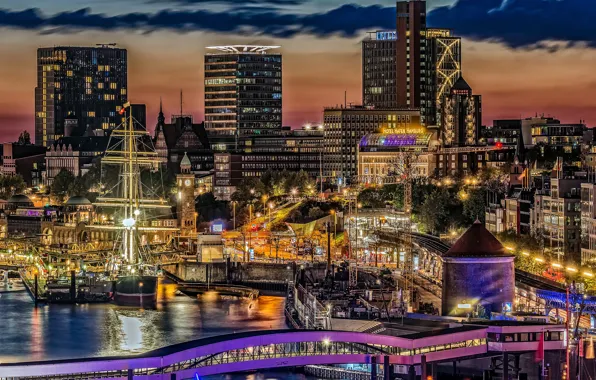 The sky, bridge, lights, river, ship, building, home, the evening