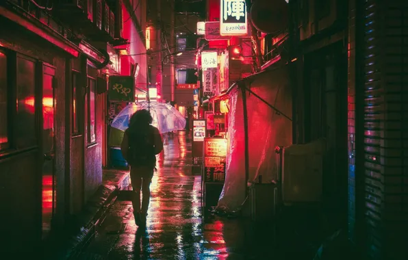 Girl, the city, lights, rain, wire, Asia, neon, umbrella