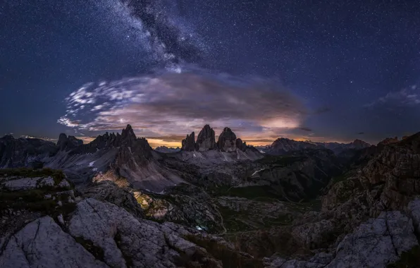 Stars, mountains, night, The milky way, The Dolomites