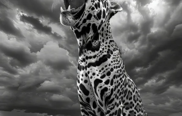 Clouds, Jaguar, Fangs, Face, Predator, Digital art, Black and white, Big cat