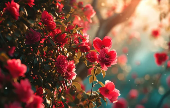 Light, flowers, spring, garden, flowering, bokeh, Camellia, Camellia