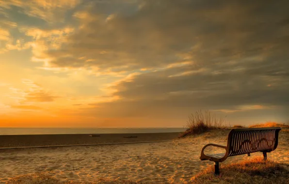 Sea, landscape, sunset, bench