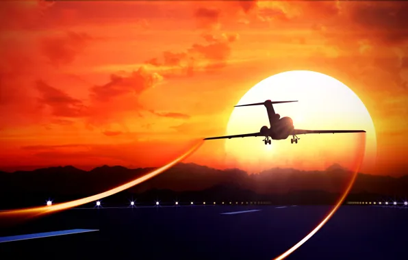 The sky, the sun, the plane, the airfield, the rise