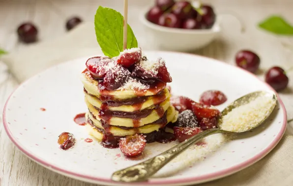 Cherry, Breakfast, plate, syrup, coconut, pancakes