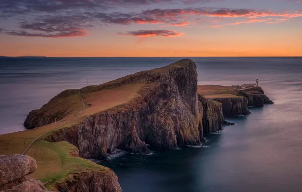 Sea, the sky, clouds, sunset, rocks, coast, lighthouse, the evening