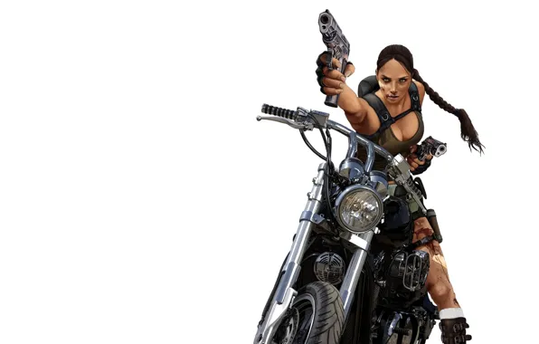 Girl, blood, guns, minimalism, motorcycle, Tomb Raider, Lara Croft