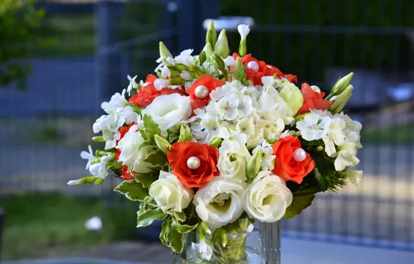Flowers, background, roses, bouquet, red, vase, white, beads