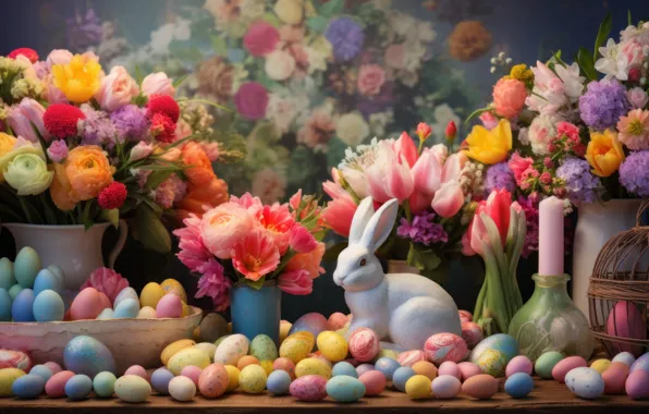 Look, light, flowers, holiday, hare, eggs, spring, rabbit