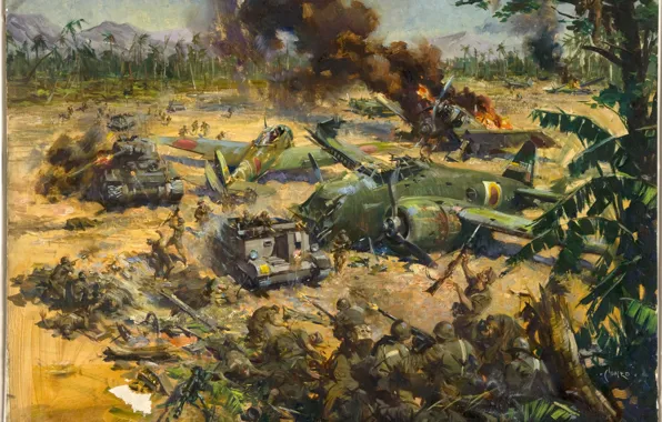 Picture fire, oil, picture, battle, soldiers, the airfield, canvas, tanks