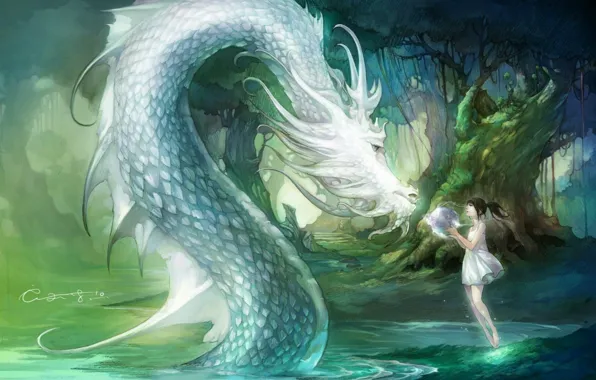 Picture water, girl, trees, nature, dragon, ball, anime, art