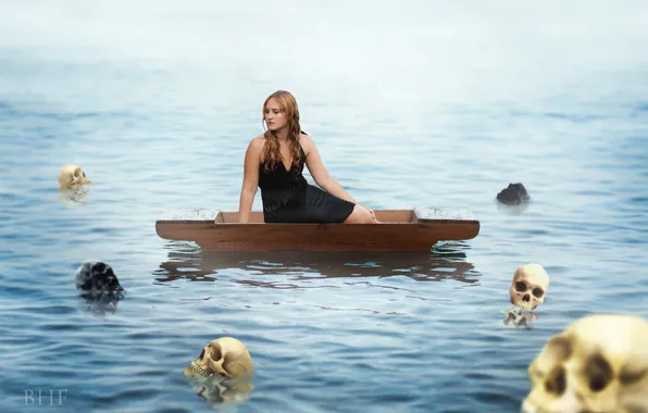 Girl, river, skull