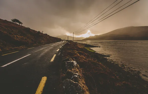 Road, clouds, lake, power lines, sunlight, rainy