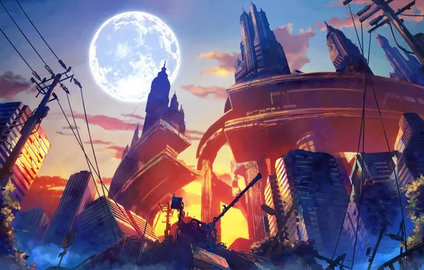 Picture the city, the moon, tank, ruins, skyscrapers, youji