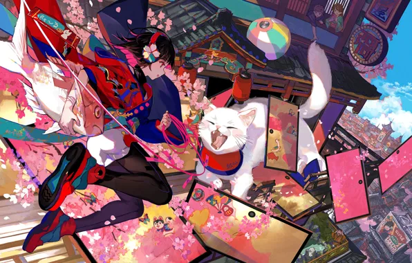 Cat, girl, children, home, fish, Sakura