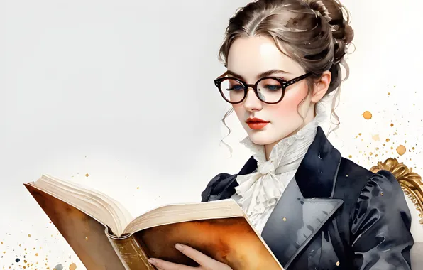 Girl, glasses, white background, book, blots, form, painting, student