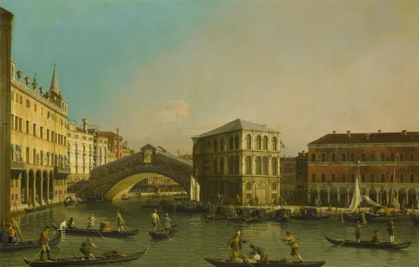Picture, Venice, the urban landscape, Canaletto, The Grand Canal. Rialto bridge and Palazzo Fondaco
