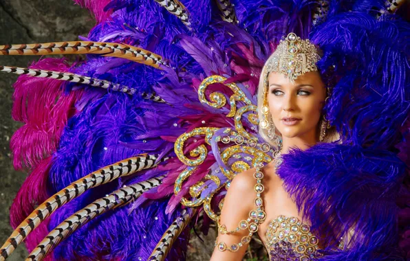 Picture girl, decoration, feathers, outfit, carnival