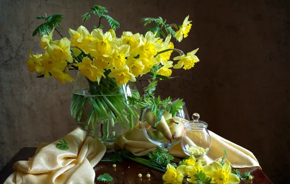 Picture flowers, glass, fabric, still life, pear, daffodils, Mila Mironova