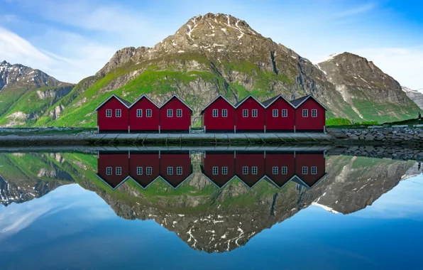 Picture mountains, lake, reflection, Norway, boathouses