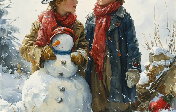 Winter, snow, children, retro, Christmas, New year, snowman, vintage