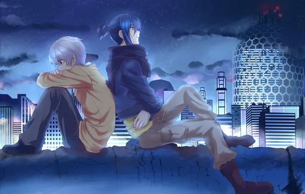 Clouds, night, the city, lights, home, anime, guys, Nezumi