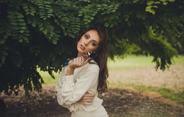 Summer, girl, face, background, butterfly, hair, Weronika