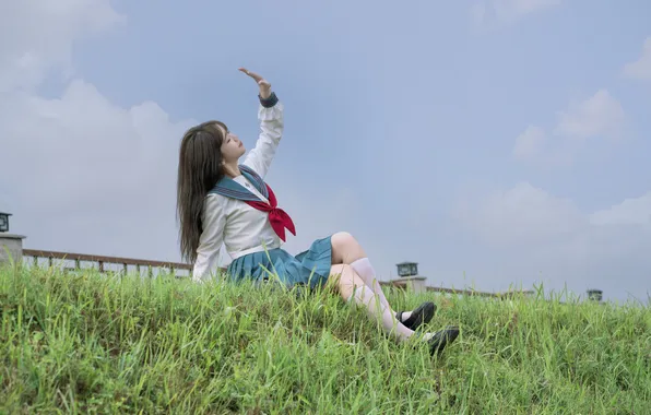 Sky, Grass, Beautiful, Asian, Model, Smile, Woman, Cute