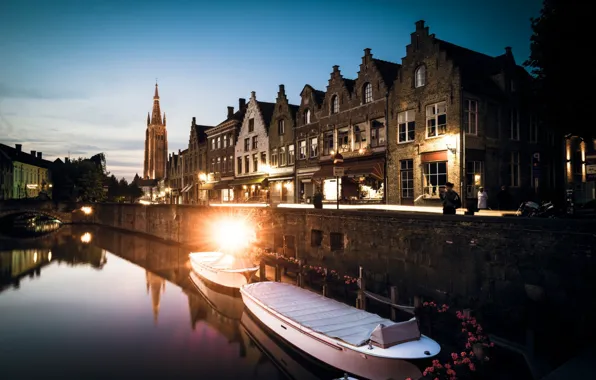 City, lights, dusk, boats, canal