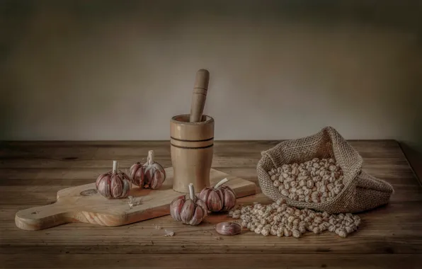 Peas, Board, still life, pistil, garlic, mortar, chickpeas