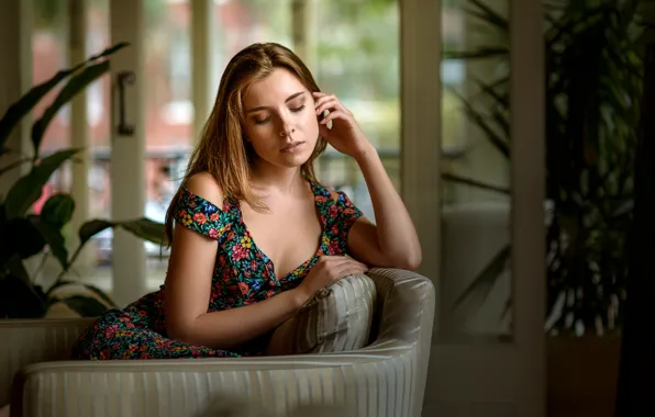 Pose, model, portrait, interior, plants, makeup, dress, hairstyle