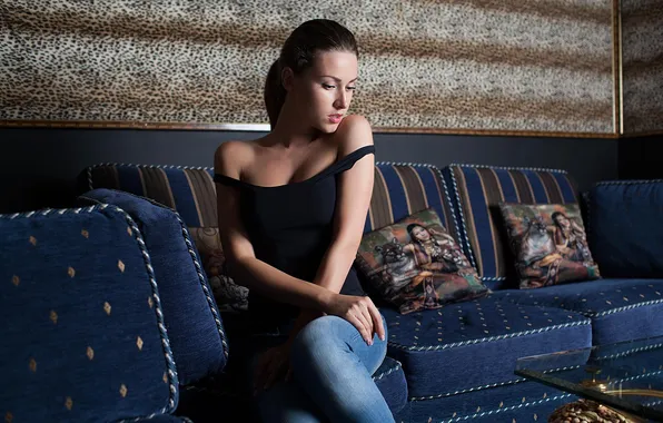 Wallpaper Charming, girl, sweet, model, brunette, jeans, beautiful, tank top