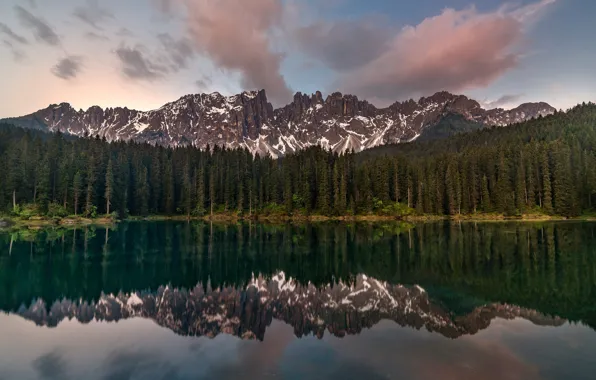 Forest, mountains, lake, reflection, shore, Alps, pond, mirror